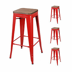 Mes Lot de 4 tabourets de bar 43x43x77 cm en bois et métal rouge - GALTON