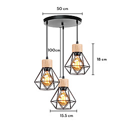 Stoex Suspension Luminaire Rétro Lampe À Suspension Vintage Noir À 3 Lumières, Plafonnier D'Intérieur Moderne en Métal Et en Bois pas cher