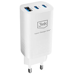 Max Protection 3mk Chargeur Secteur 65W 2x USB C et USB GaN Charge Rapide Format Compact Blanc