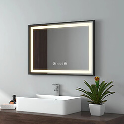 EMKE Miroir de salle de bain LED Cadre noir avec Interrupteur Tactile, Anti-buée, Horloge, Température, Dimmable, Fonction Mémoire, Lumière neutre - 70x50cm