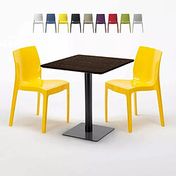 Grand Soleil Table Carrée 70x70 Effet Bois avec 2 Chaises Colorées Ice Melon - Jaune 