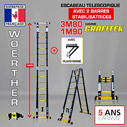 Escabeau-échelle télescopique Woerther 3m80/1m90 Double barre stabilisatrices - Plus plateforme - Qualité supérieure - Garantie 5 ans 