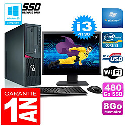 PC Fujitsu Esprimo E720 E85+ SFF I3-4130 8Go Disque 480 Go SSD Wifi W7 Ecran 19" - Occasion