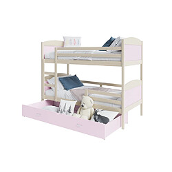 Kids Literie Lit Superposé 3 Places Mateo 90x190 Pin - rose Livré avec sommiers, tiroir et matelas en mousse de 7cm 