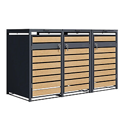 AXI Lucas Cache Poubelle Métallique Anthracite/Aspect Bois - Abri poubelle pour 3 conteneurs - Max. 240L - Abri Poubelle Extérieur avec Excellente Ventilation 