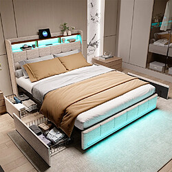 LBF Lit double rembourré 160 x 200 cm, avec lumière LED contrôlable, avec 2 ports USB et 1 connexion tpcy-c, avec quatre tiroirs, en lin, adapté aux adultes et adolescents - Beige