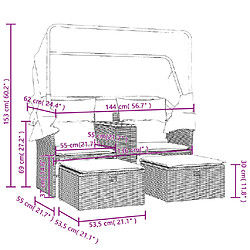vidaXL Canapé de jardin 2 places avec auvent et tabourets noir rotin pas cher