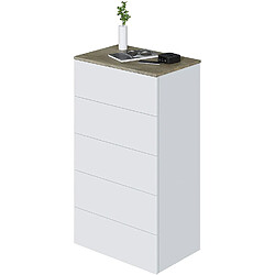 Pegane Commode avec 5 Tiroirs coloris blanc artic / Alaska chêne à nœuds - Hauteur 109 x Longueur 61 x Profondeur 40 cm