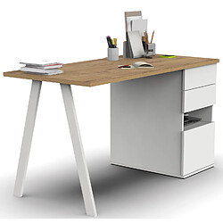 Avis Pegane Bureau,table de travail en aggloméré finition chêne doré avec pied en métal blanc-Longueur 137.5 x Profondeur 67 x Hauteur 76 cm