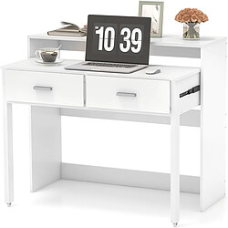 Helloshop26 Bureau d'ecriture extensible avec 2 tiroirs petit bureau d'ordinateur de 100 cm avec etagère pour ecran et roulettes table console blanc 20_0007982