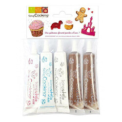 Scrapcooking Stylos de glaçage blanc, rose, bleu + 2 stylos chocolat 