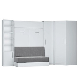 Inside 75 Composition lit escamotable blanc mat DYNAMO SOFA canapé gris Couchage 140 x 200 cm 2 colonnes rangement + angle