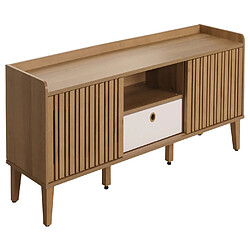 Mendler Meuble TV HWC-M48, Buffet TV, porte coulissante en bois massif de manguier 56x150x40cm ~ naturel, tiroir blanc pas cher