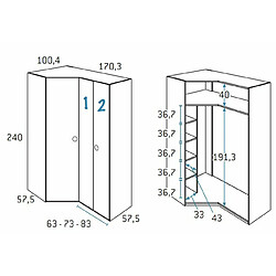 Inside 75 Armoire d'angle pan-coupé 2 portes 170,3 x 240 cm finition chêne blanchis porte droite pliante