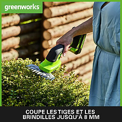 Avis Greenworks Tools Cisaille sculpte-haies & taille-herbes à batterie 2en1 Greenworks G24SHTK2 (Li-Ion 24V 2400 coups/min épaisseur de coupe 8mm taille-haie de 20cm taille-herbe de 120mm avec batterie 2Ah et chargeur