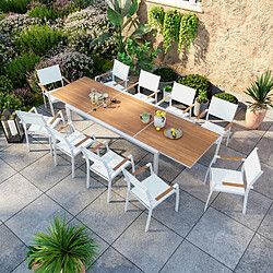 Avril Paris Table de jardin extensible aluminium blanche 200/300cm + 10 fauteuils empilables textilène - MARCEAU 