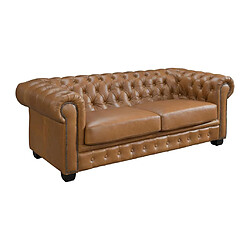 Avis Vente-Unique Canapé chesterfield 3 places BRENTON 100% cuir de buffle premium - Caramel vintage