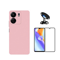 Kit de film en verre trempé de la couverture 5D + couvercle de silicone liquide + SuppOrt Magnétique Phonecare pour Xiaomi Redmi 13C - rose 