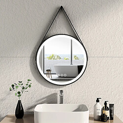 EMKE Miroir lumineux salle de bain rond diamètre 50cm cadre noir avec lanière réglable, Miroir LED avec Interrupteur Tactile, Anti-buée, Miroir avec éclairage Lumière Froide/Chaude/Neutre