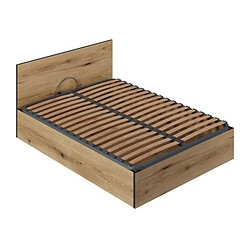 Lit Coffre 140x190 en bois + Tete de lit - Chene Rustique - Sommier a lattes inclus - L 140 x P 193 x H 80 cm 