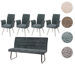 Mendler Set de salle à manger HWC-G55, set de 4 chaises avec accoudoirs+banc 180cm, inox brossé tissu/textile chenille ~ bleu-vert