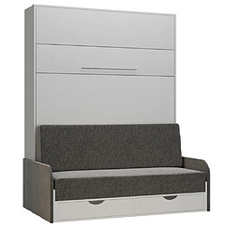 Inside 75 Armoire lit escamotable KOMPACT SOFA blanc mat canapé tiroirs accoudoirs tissu gris 140*200 cm 