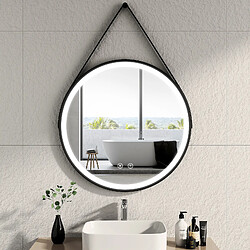 EMKE Miroir lumineux salle de bain rond diamètre 80cm cadre noir avec lanière réglable, Miroir LED avec Interrupteur Tactile, Anti-buée, Miroir avec éclairage Lumière Froide 