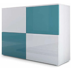 Mpc Commode Moderne Façades Bicolores Turquoises Et Blanches Laquées Et Corps Mat Blanc 