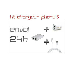 Kit chargeur 3 en 1 - iPhone 5/5S/5C/SE - Chargeur maison & voiture + câble - Blanc 