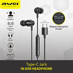 GUPBOO Awei TC-5 Écouteurs Filaires In Ear Phone Type-c Plug Stéréo Deep Bass avec Bouton de Contrôle du Micro 1.2m 