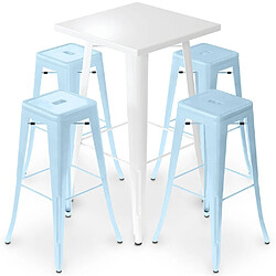 ICONIK INTERIOR Table de bar blanche + X4 tabourets de bar en acier mat Set Bistrot Stylix Design Industriel - Nouvelle édition Bleu clair 