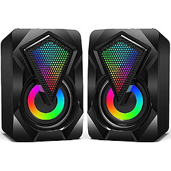 Universal Haut-parleur de bureau de PC, 6W Mini-haut-parleur de bureau avec lumière de LED colorée, stéréo 2.0, alimenté par USB, 3,5 mm Aux, multimédia portable pour ordinateur portable ordinateur portable, Tablettes Téléphone (Noir)