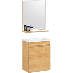 SoBuy Meuble Suspendu pour Lavabo avec Miroir Meuble sous Vasque avec Miroir Ensemble de Lavabo en céramique avec Miroir Meuble Lave-Mains avec Miroir, Couleur Bois, BZR169-SET 