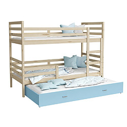 Kids Literie Lit Superposé 3 Places Milo 90x190 Pin - bleu Livré avec sommiers, tiroir et matelas en mousse de 7cm 