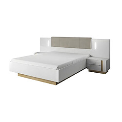 Vente-Unique Lit avec chevets 160 x 200 cm - Avec LEDs - Blanc et naturel + Sommier + Matelas - MURARI pas cher