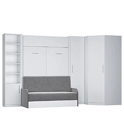 Inside 75 Composition lit escamotable blanc mat DYNAMO SOFA canapé + accoudoirs gris 2 colonnes + angle 140*200