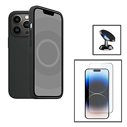 PHONECARE Kit Verre Trempé ClearGlass + Coque Silicone Liquide + Support Magnétique de Voiture pour Apple iPhone 15 - Noir 