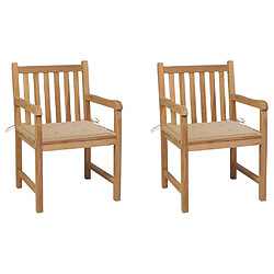 vidaXL Chaises de jardin lot de 2 et coussins beige Bois teck massif