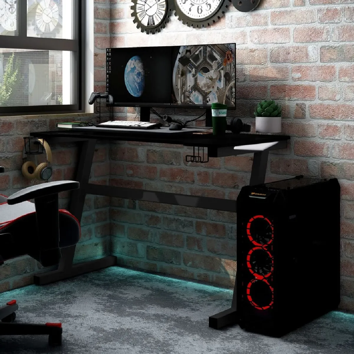 Maison Chic Bureau de jeu solide,Table de travail à LED avec pieds en forme de Z Noir 90x60x75 cm -GKD63907