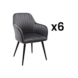 Vente-Unique Lot de 6 chaises avec accoudoirs en velours et métal noir - Gris - ELEANA