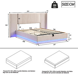 Avis KOMHTOM Lit double capitonné 140 x 200 cm, avec éclairage LED, support hydraulique, sommier à lattes, tissu velours, couleur beige