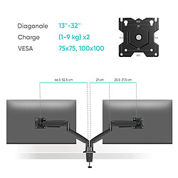 ONKRON Bras Double Ecran PC pour 13" - 32" Moniteur, Support Ecran PC 2 Ecran Poids de 9 kg Chacun - Pied Ecran PC Double VESA 75x75 - 100x100 mm/Bras Ecran Inclinable Pivotant Orientable G200-B Noir