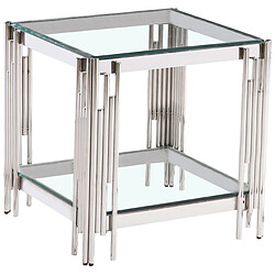 Vivenla Table d'appoint design en acier inoxydable poli argenté et plateau en verre trempé transparent L. 55 x P. 55 x H. 55 cm collection MILANO