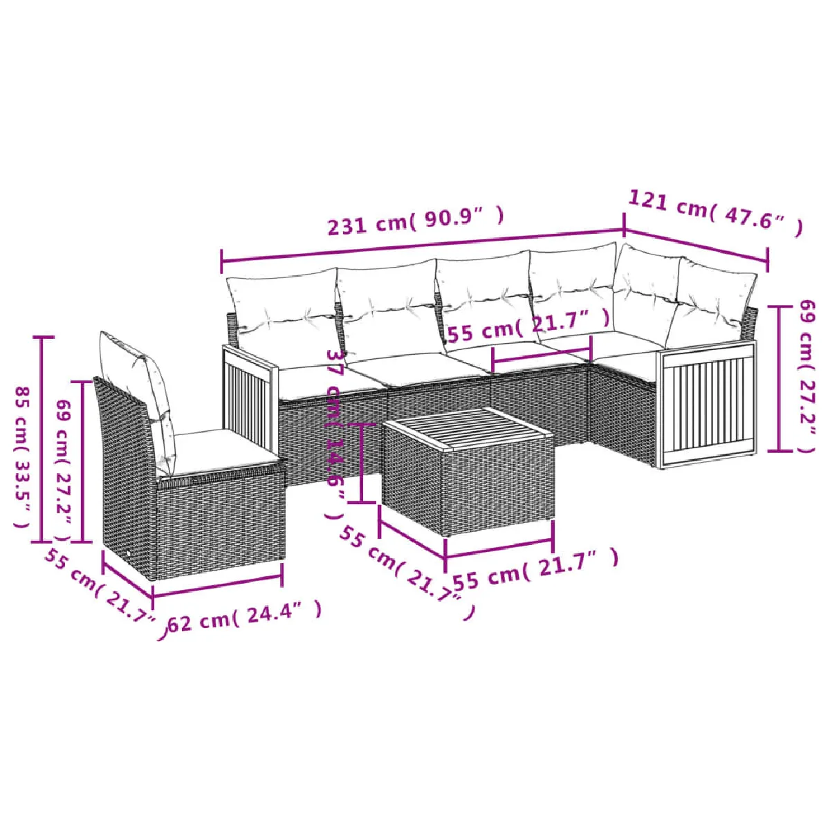 Avis Maison Chic Ensemble Tables et chaises d'extérieur 7pcs avec coussins,Salon de jardin noir résine tressée -GKD297883