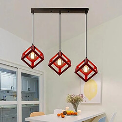 Stoex Suspension Cage Cube avec barre 3 Luminaire Contemporain, Lustre abat-jour Carré Salon Salle à Manger E27 Rouge