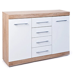 Pegane Commode 4 tiroirs et 2 portes en Blanc et Chêne - Dim : L 155 x H 87 x P 40 cm 