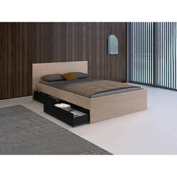 Vente-Unique Lit avec 2 tiroirs 140 x 190 cm - Coloris : Naturel et noir + Sommier + Matelas - VELONA