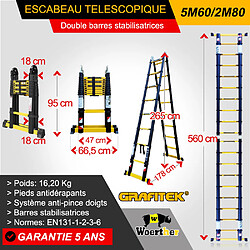 Escabeau-échelle télescopique Woerther 5m60/2m80 - Avec housse, sac porte outils et roulettes - Gamme Grafite- Double barre stabilisatrices - Qualité supérieur - Garantie 5 ans