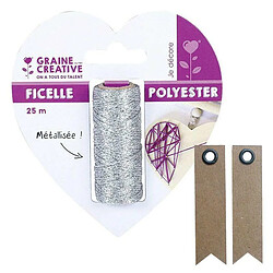 Graines Creatives Bobine de ficelle métallisée argent 25 m + 20 étiquettes kraft Fanion 