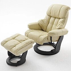 Inside 75 Fauteuil relax CLAIRAC assise en cuir crème pied en bois noir avec repose pied 